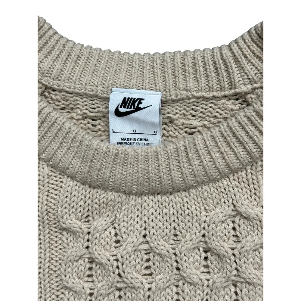 Nike Cable Knit Swoosh Sweater Men's L Beige Rattan Large Logo Polyester & Wool